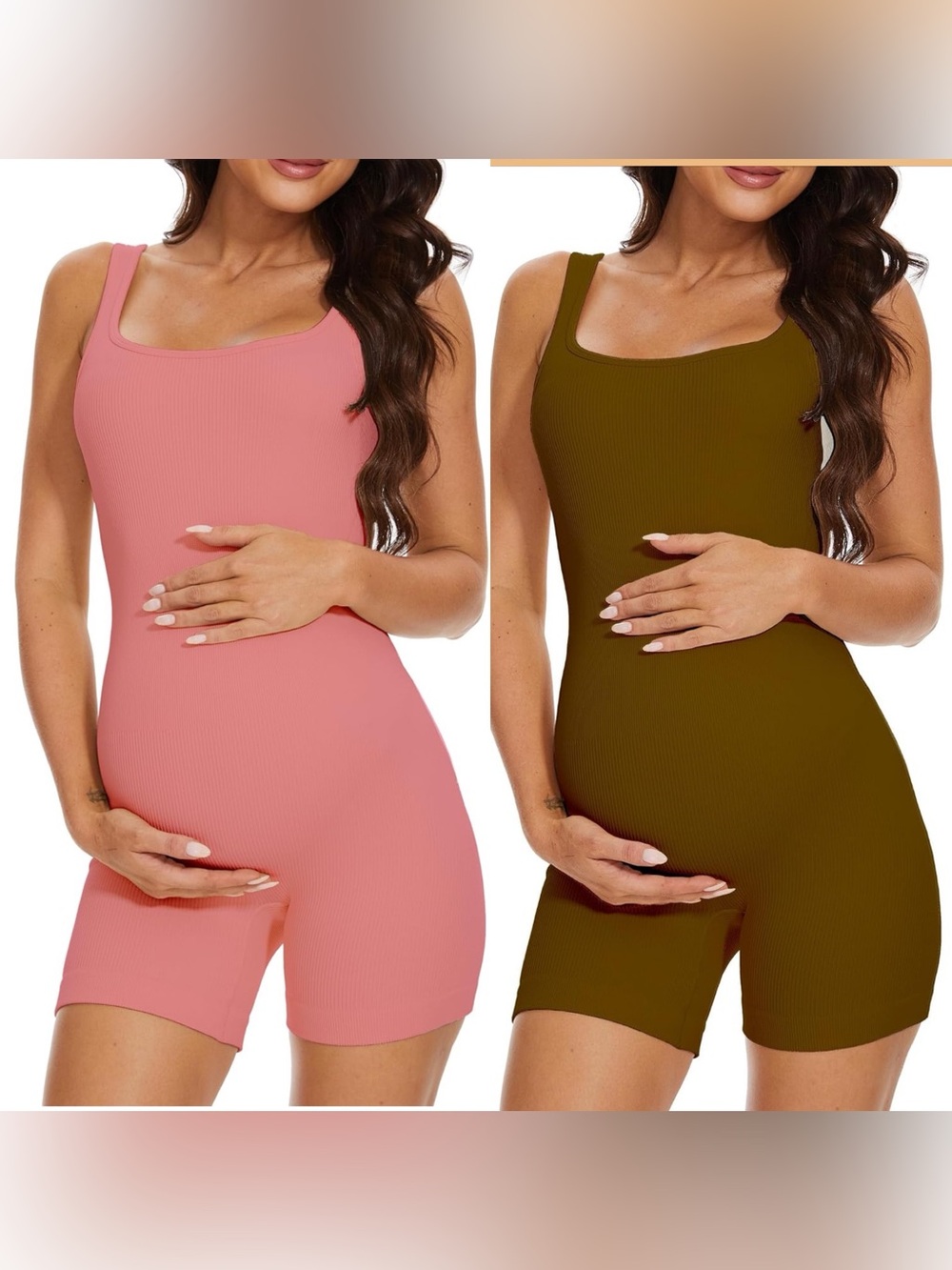 set of 2 Ribbed Square-Neck Maternity Romper - Pink & Brown